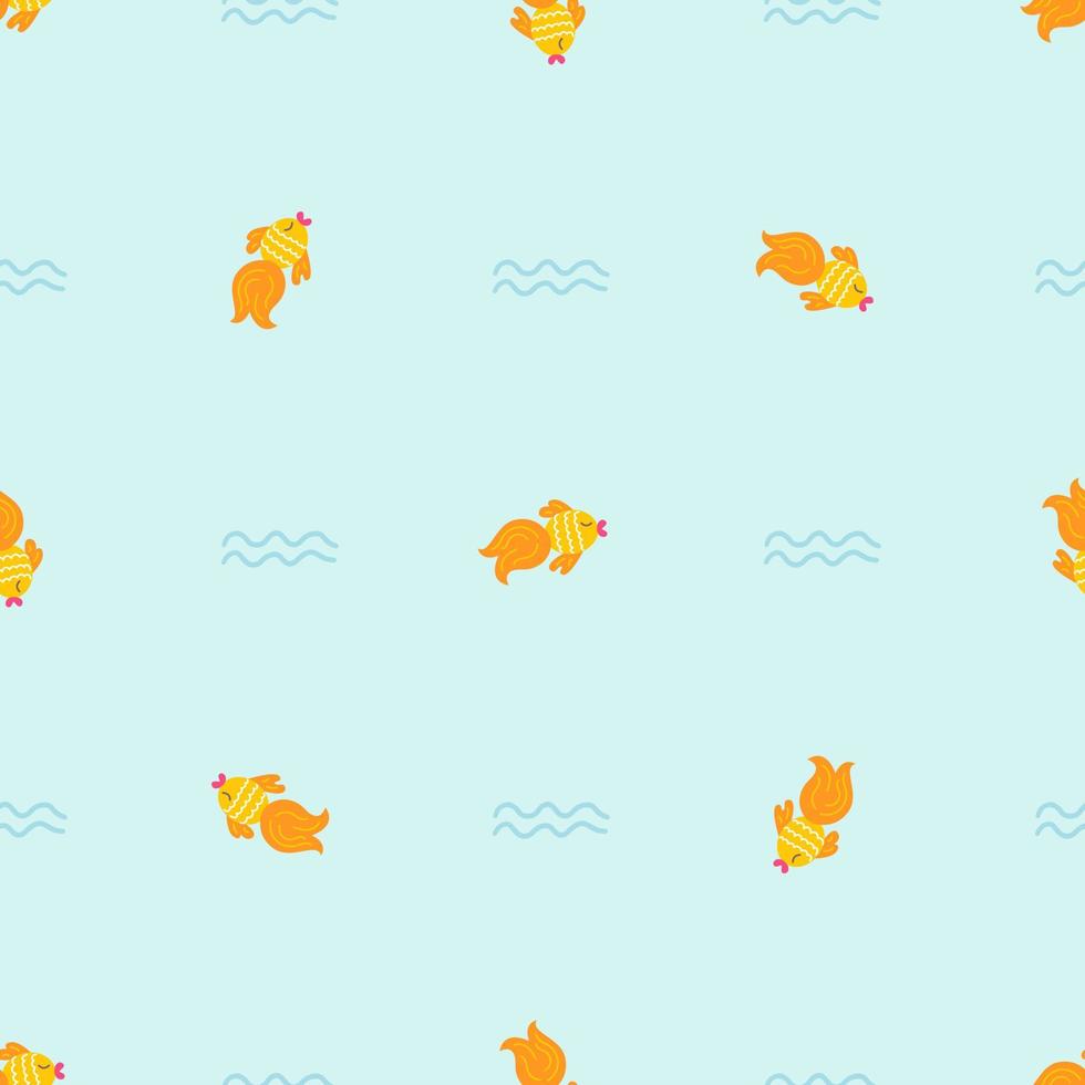 Goldfish in the sea, vector seamless pattern in flat style