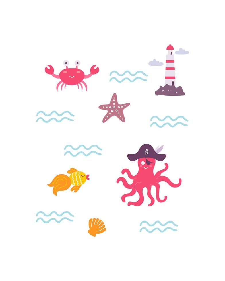 divertido estampado pirata para niños. pulpo con cangrejo, pescado y faro en el mar en estilo plano dibujado a mano. diseño para el diseño de postales, carteles, invitaciones y textiles vector