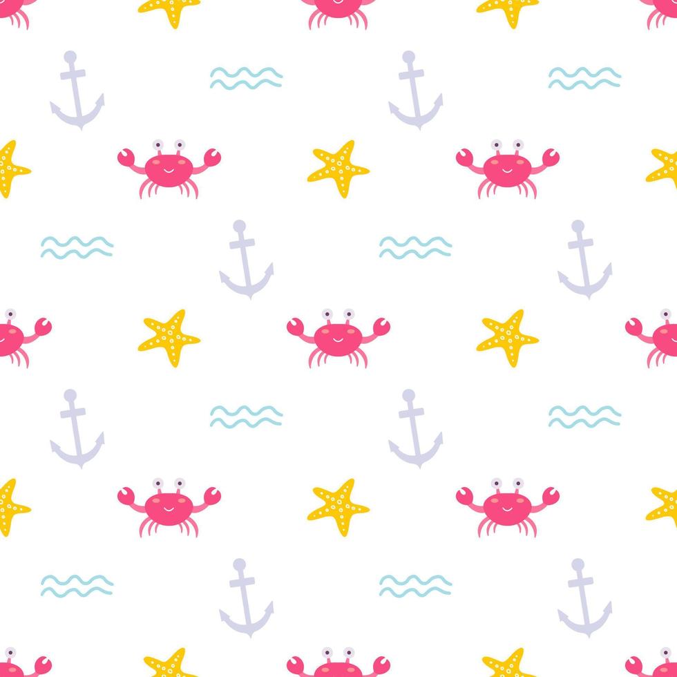 Cute crab with starfish and anchor on white background, vector seamless pattern