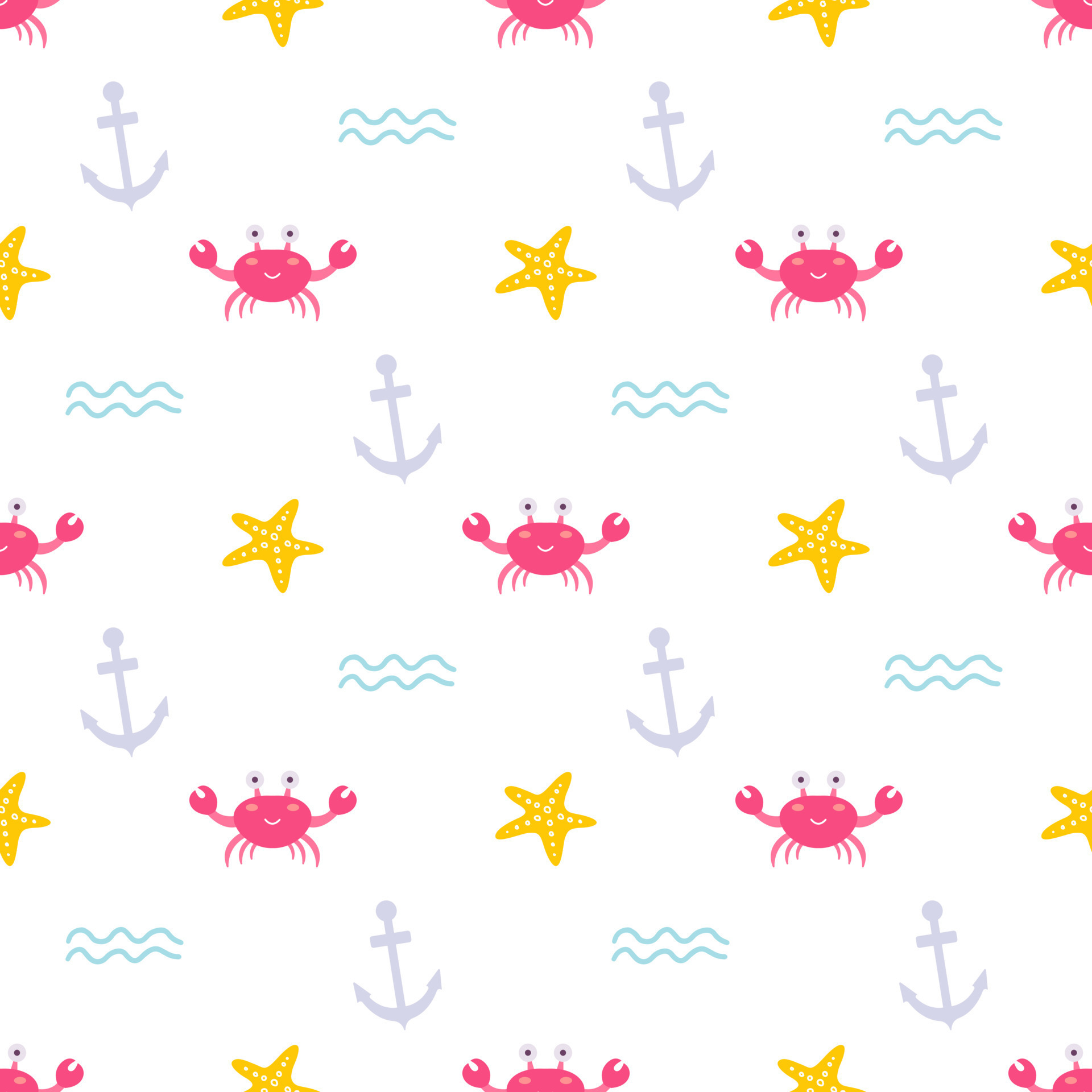 Cute crab with starfish and anchor on white background, vector seamless