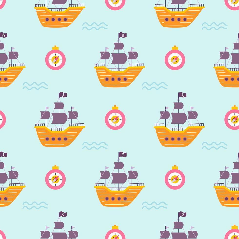 Pirate ship at sea with compass, vector seamless pattern