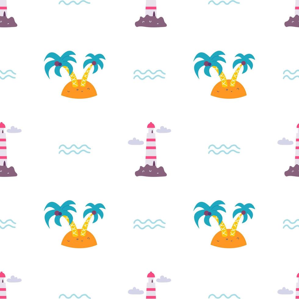 An island with palm trees and lighthouse on white background, vector seamless pattern