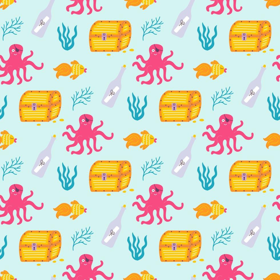 Octopus pirate underwater with treasures, fish, vector seamless pattern