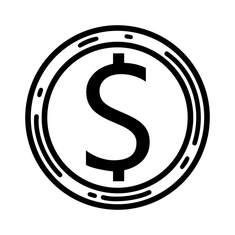 icono de vector de dólar americano. Moneda de metal redonda de EE. UU. efectivo, símbolo de moneda. ilustración aislada sobre fondo blanco. boceto de dinero europeo. signo de pago bancario. centavo blanco y negro