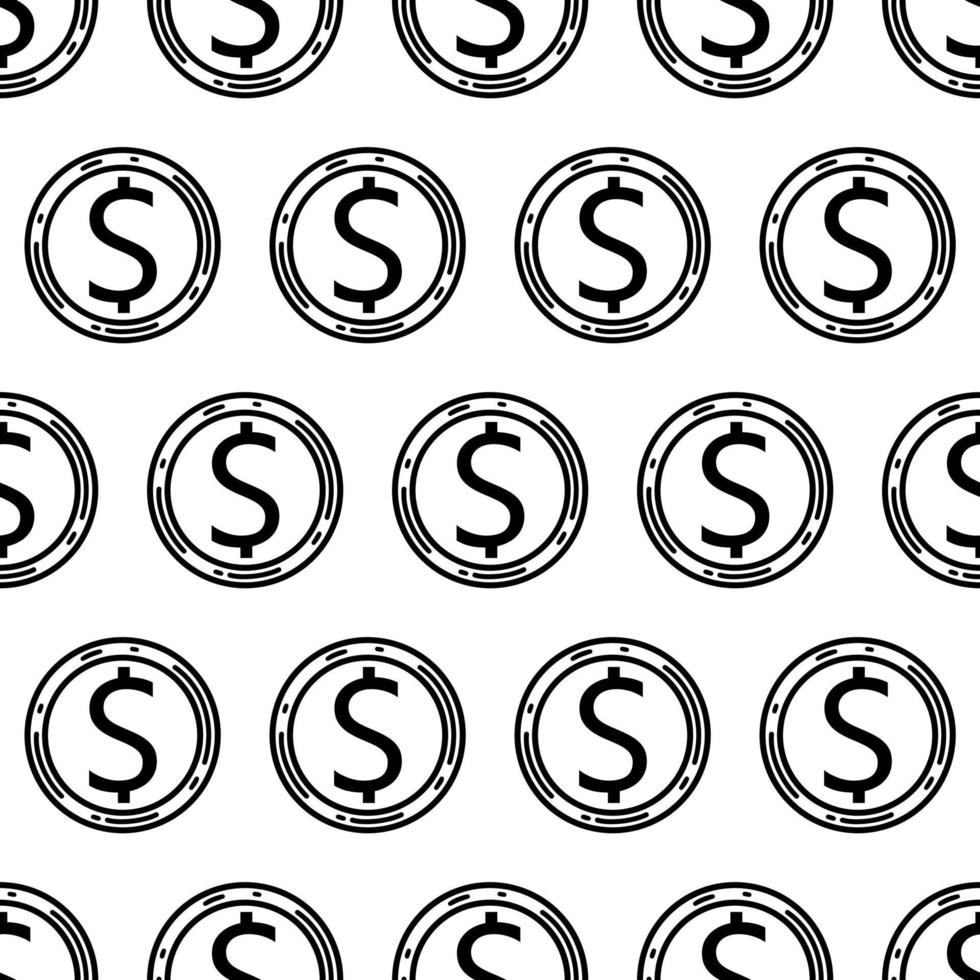 Dollar seamless vector pattern. Round metal American coin. Cash, currency symbol. Illustration isolated on white background. Sketch of money, USA cent. Bank payment sign. Black and white backdrop