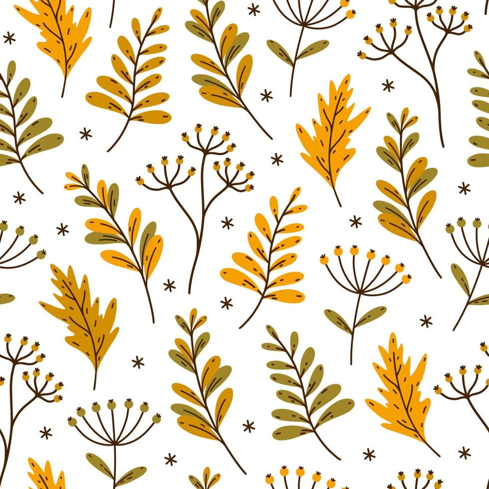 hierbas y ramas de otoño brillante patrón de vector transparente. boceto dibujado a mano de plantas silvestres del bosque. ramitas de campo con hojas amarillas, bayas. telón de fondo plano de dibujos animados. ilustración botánica de otoño