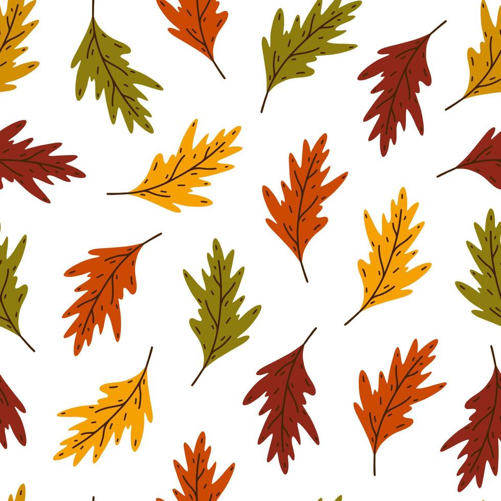 Bright oak leaves seamless vector pattern.Hand drawn veined autumn leaf on a stem. Colorful fall foliage isolated on white background. Flat cartoon backdrop, garden tree leaves. Botanical illustration