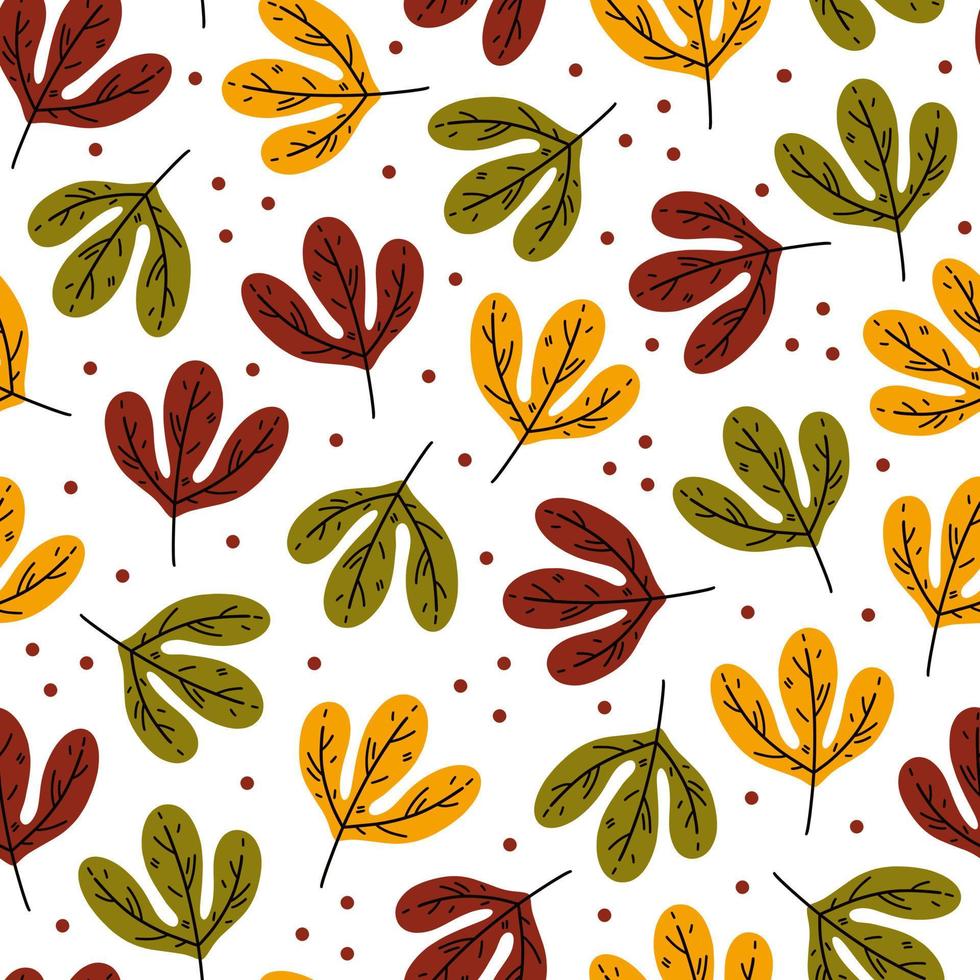 hojas de otoño brillante patrón de vector transparente. hoja veteada dibujada a mano en un tallo. elementos planos de dibujos animados aislados sobre fondo blanco. ilustración botánica de otoño, hojas de un árbol de jardín, lunares