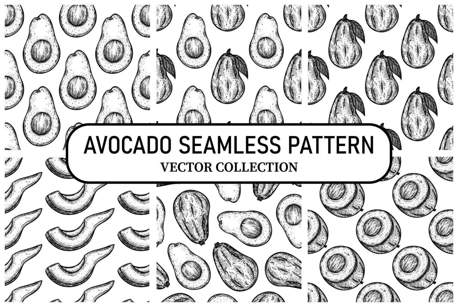 Avocado seamless vector patterns set. Whole fruit, cut in half, slice. Fresh vegetable with seed, ripe pulp, on a branch with a leaf. Hand drawn black and white food sketch. Backdrops collection