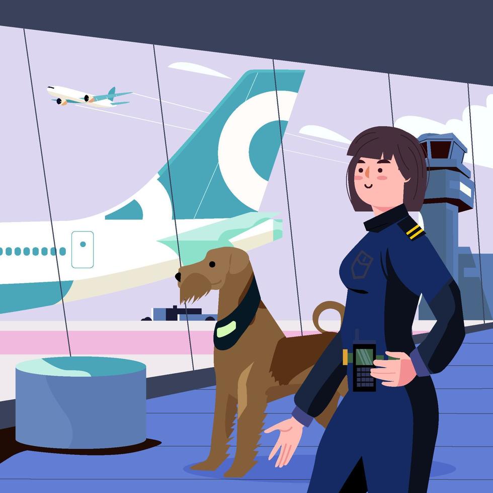 mujer policía del aeropuerto con su concepto de perro vector