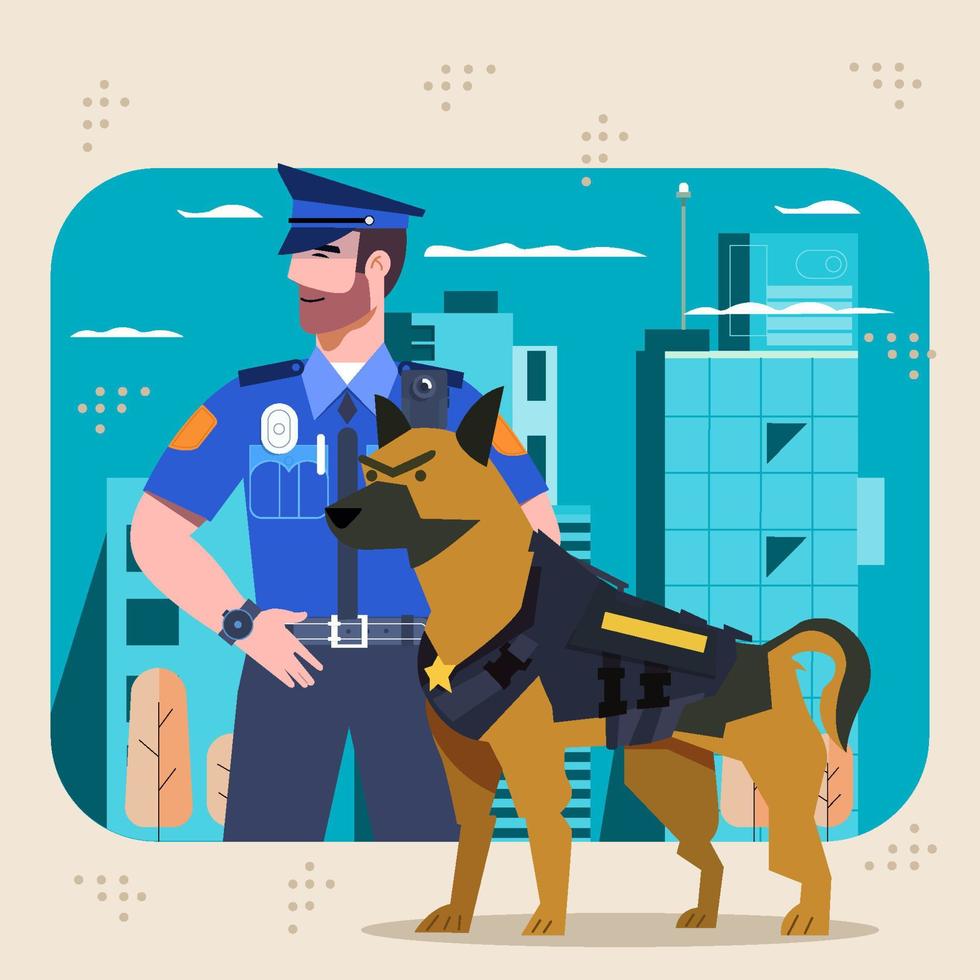 policía con su concepto de ciudad de guardia de perros vector