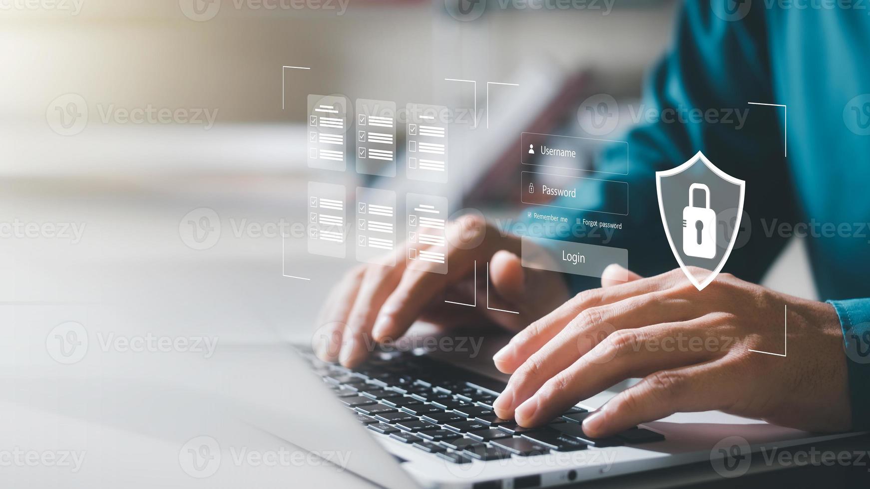 cybersecurity concept Global network security technology, business people protect personal information. Encryption with a padlock icon on the virtual interface. photo