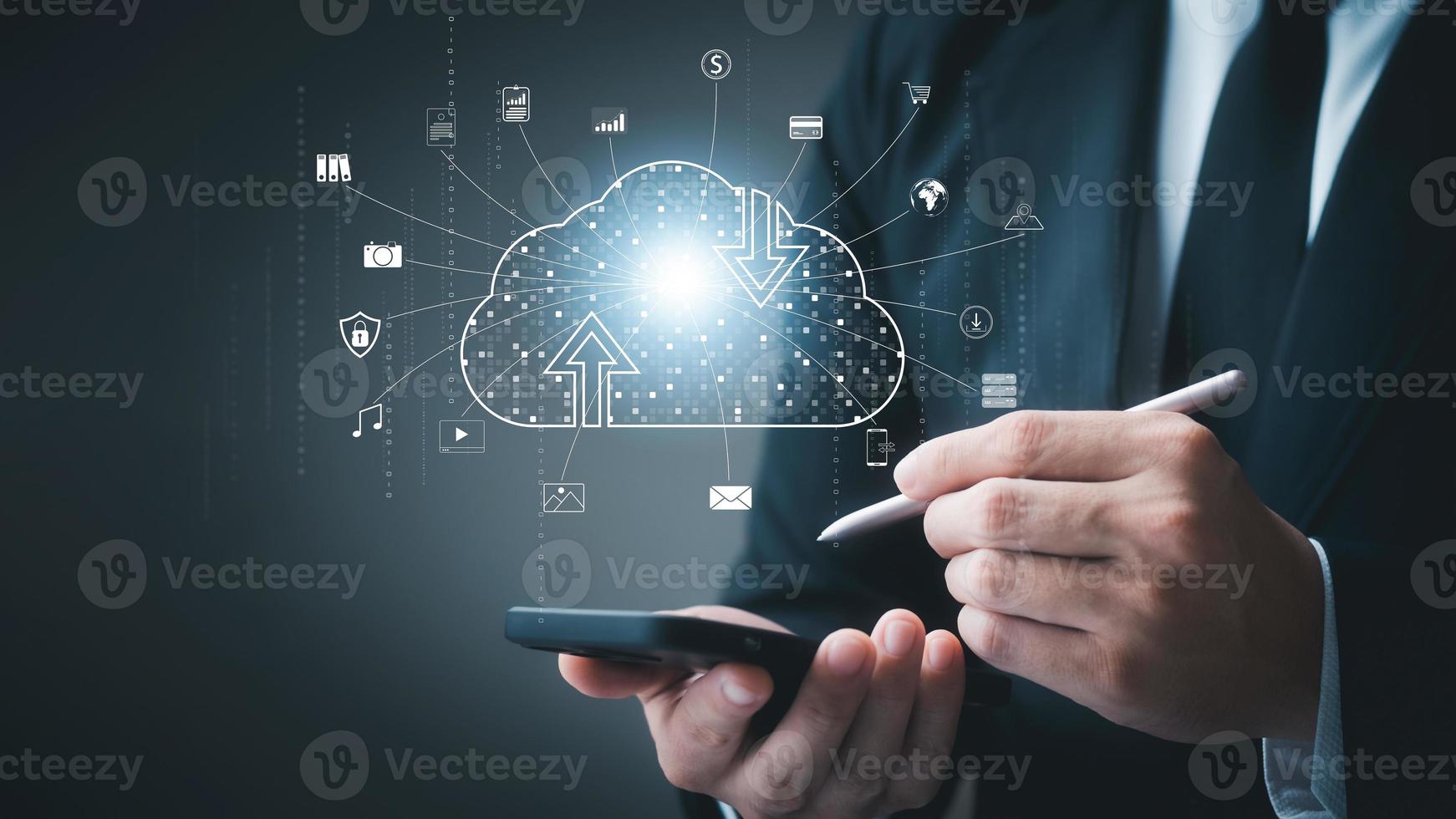 Cloud icon connecting to internet server service for downloading and uploading data on smartphones, cloud icons on virtual screens and social media icons. Applications and online businesses. photo