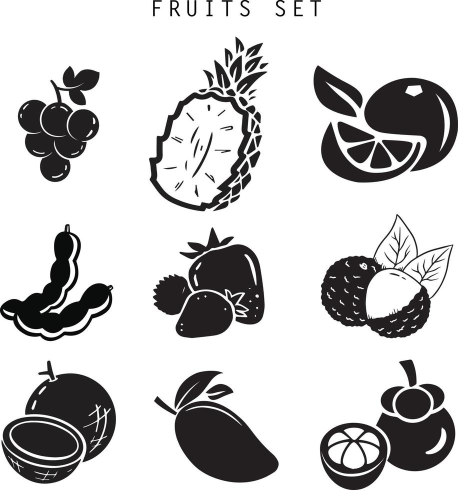 Fruits set icon vector illustration, black color.