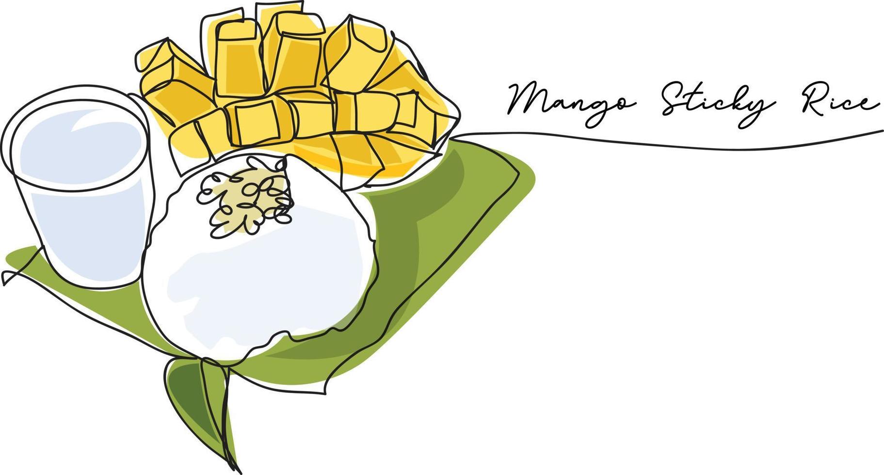 Mango sticky rice line drawing vector illustration.