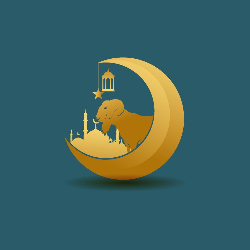 Islamic festival of sacrifice, Eid-Al-Adha Mubarak banner with mosque silhouette, and sheep in crescent moon blue background vector