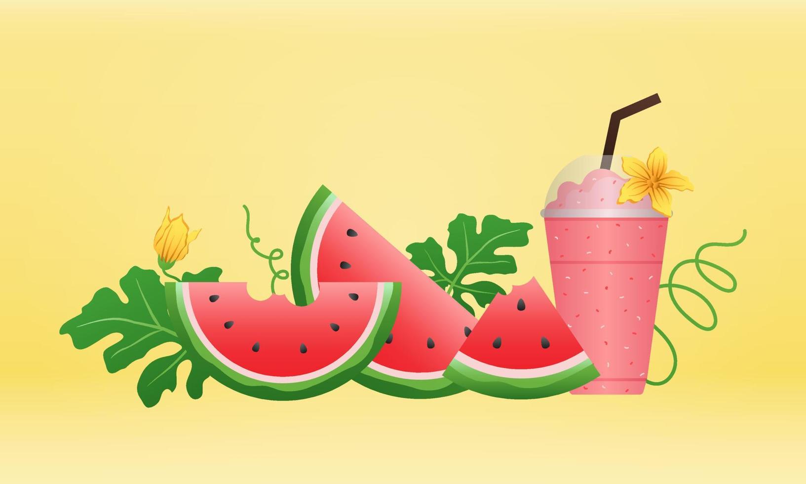 banner de sandía y rebanadas jugosas, diseño plano de hojas verdes e ilustración de flor de sandía, concepto de fruta fresca y jugosa de comida de verano. vector