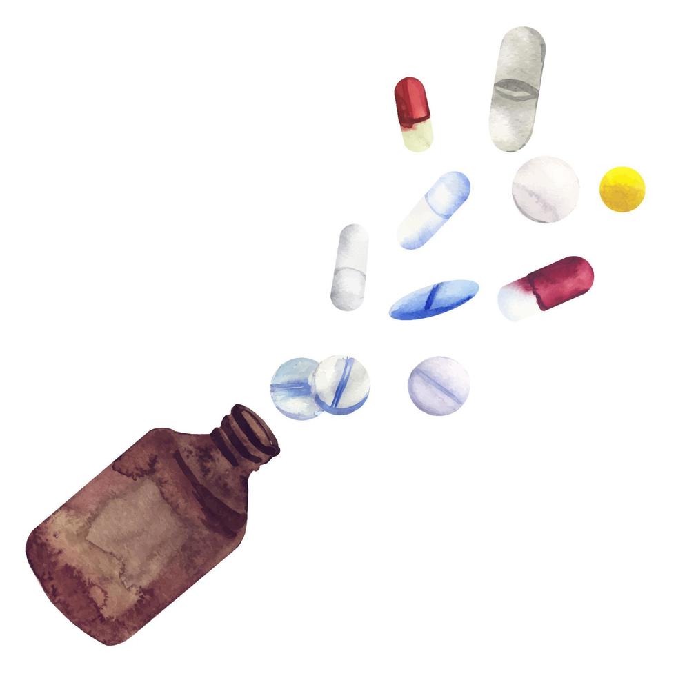 Pills bottle watercolor illustrations isolated on white background vector