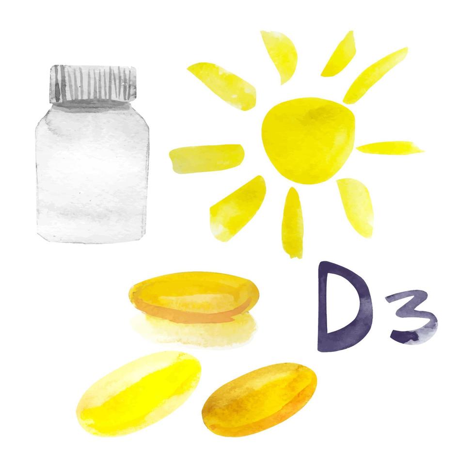 ilustraciones de acuarela de vitaminas d aisladas sobre fondo blanco vector