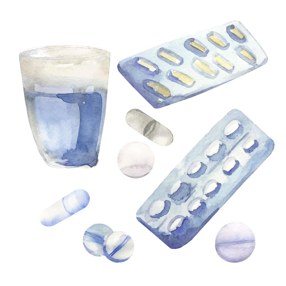 Pills and a glass of water watercolor illustrations isolated on white background vector