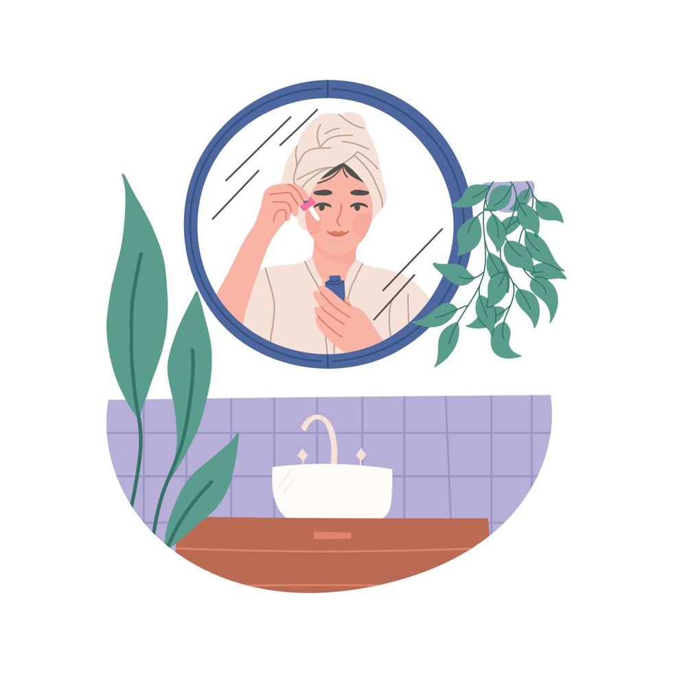 reflejo de la mujer en el espejo, rutina de cuidado de la piel, ilustración vectorial plana aislada en fondo blanco. chica en el baño con bata y toalla en la cabeza aplicando aceite facial en la cara. concepto de autocuidado. vector