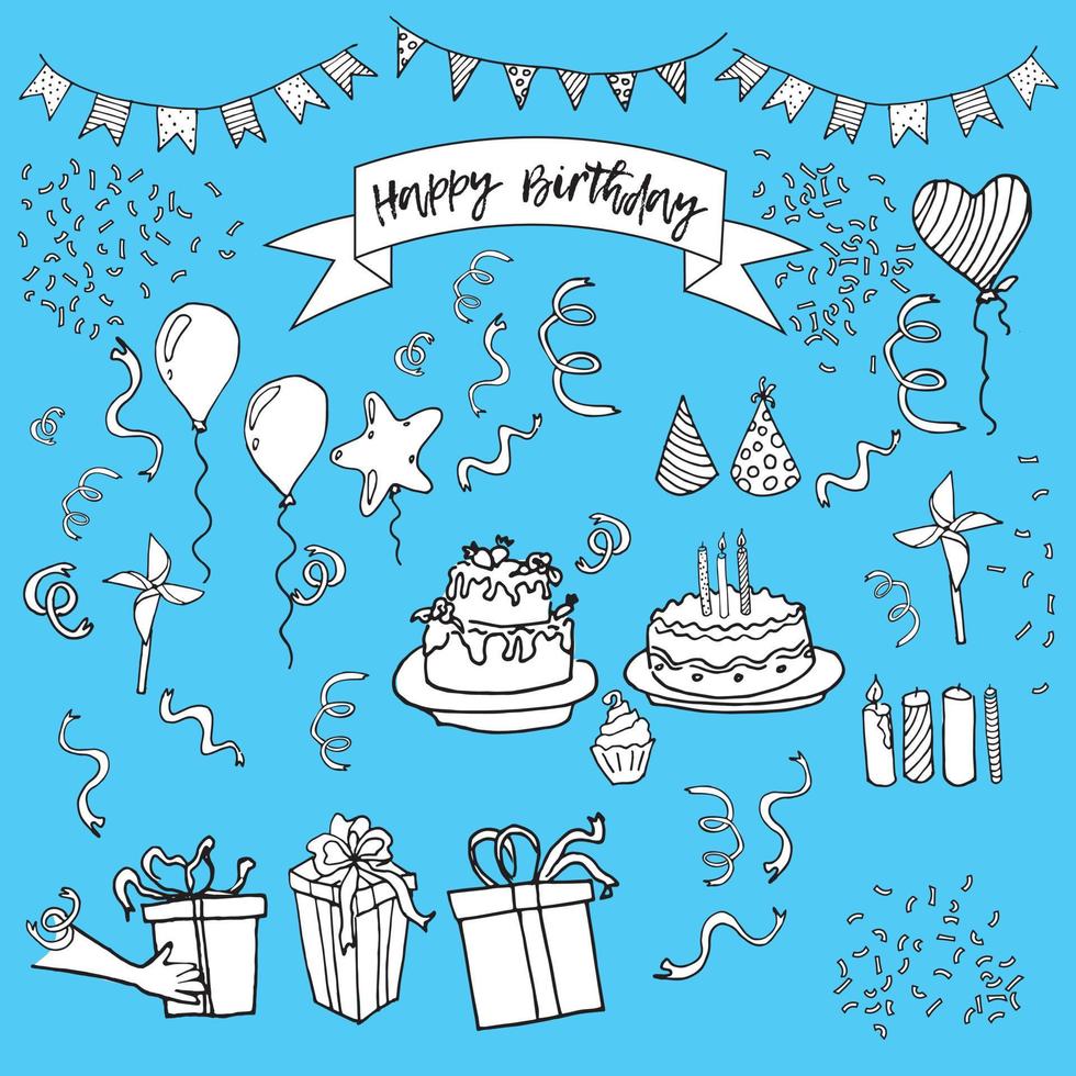 Happy Birthday Party Doodle Line. Sketch Hand Made Vector Art.