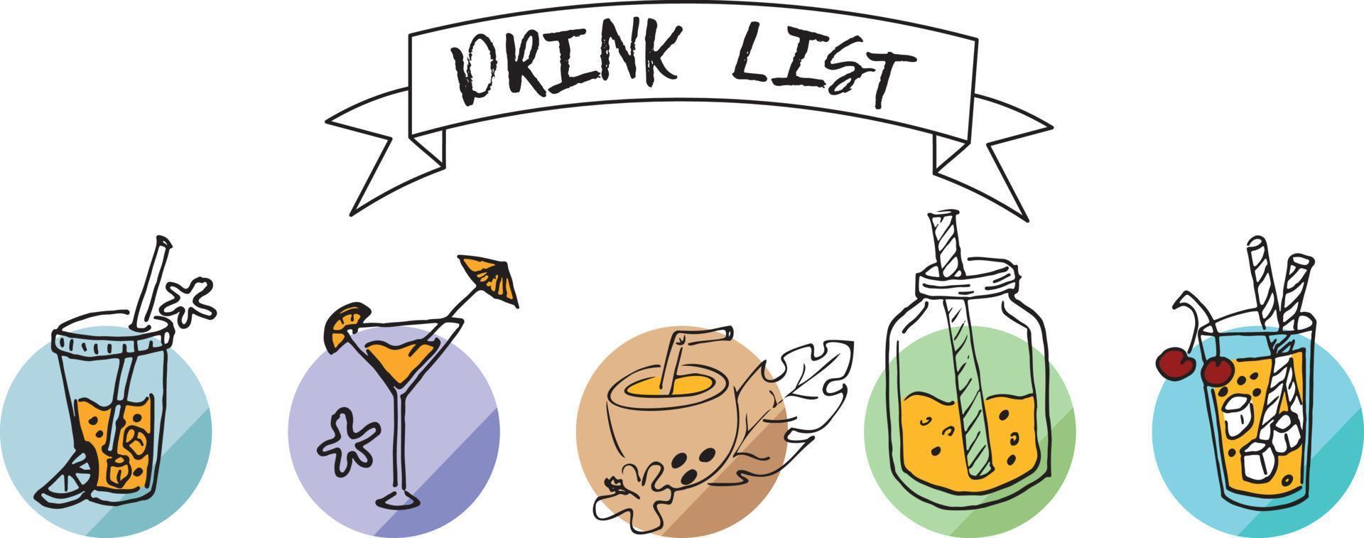 Drink list. Set cocktails. Vector collection summer drinks.