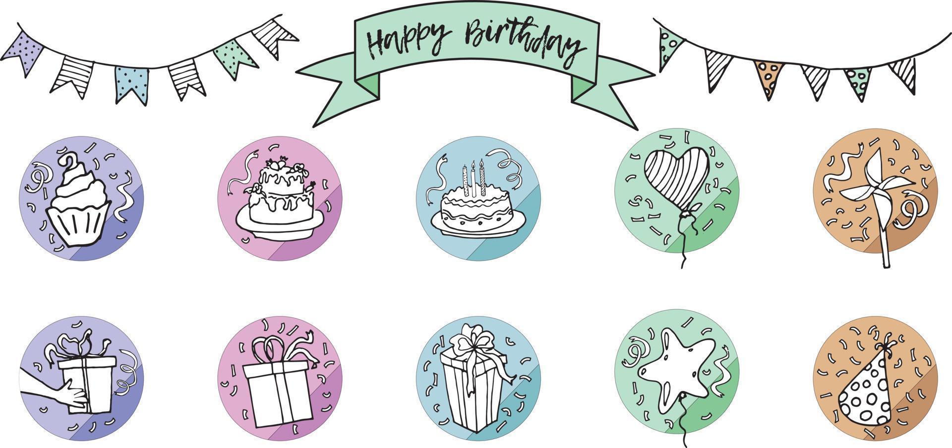 Set Happy Birthday Party Doodle Line. Sketch Hand Made Vector Art. Collection icon in circle.