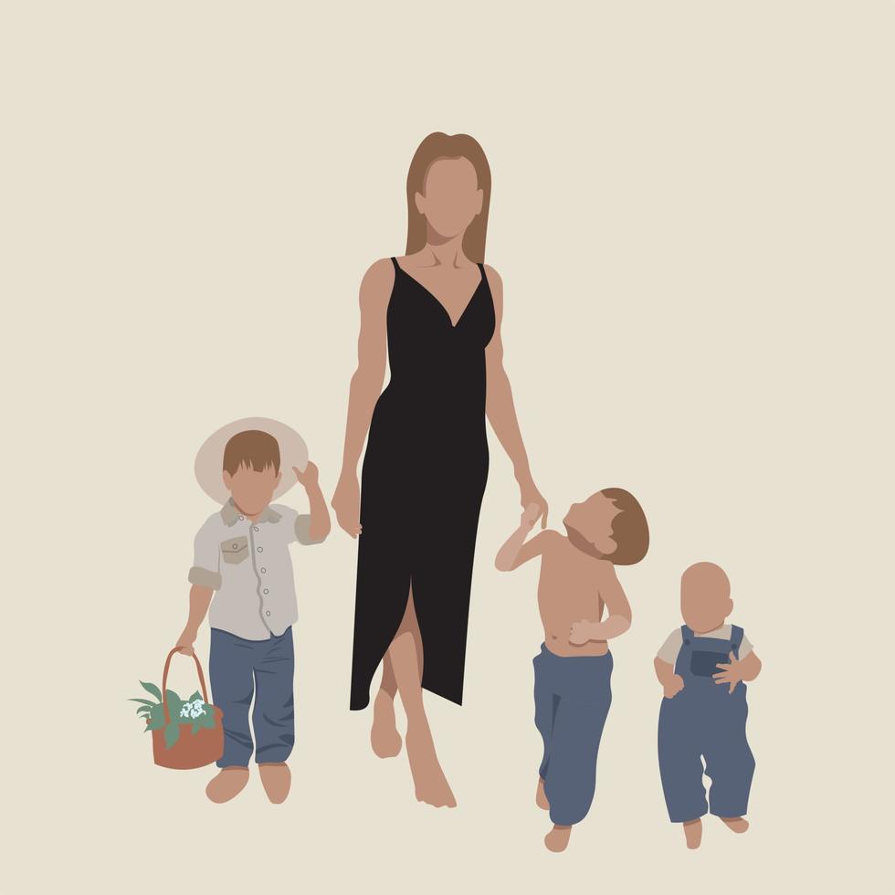 Happy mother with childs. Colored flat cartoon vector illustration.