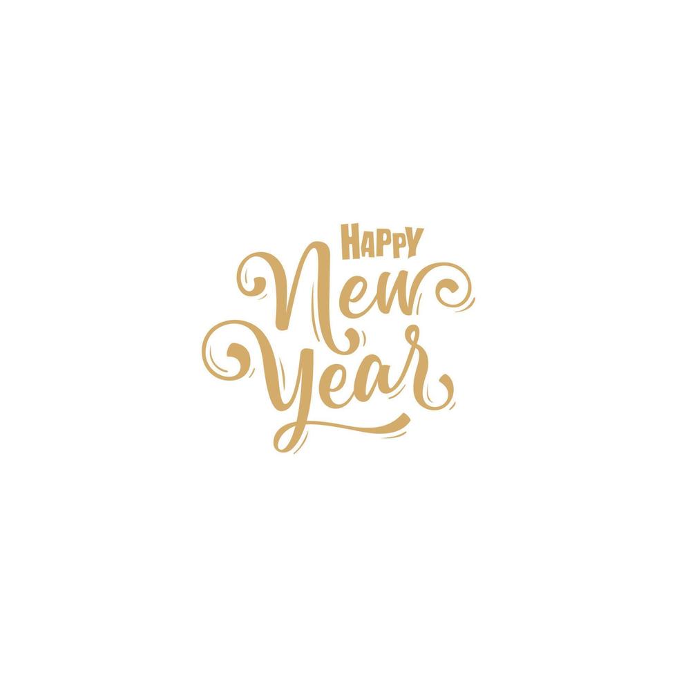 Happy New Year gold lettering text for greeting card. Holiday luxury golden design on black background. vector