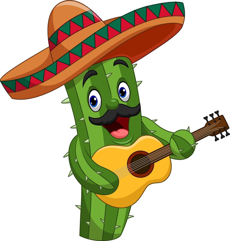 Cartoon Mexican Cactus playing guitar vector