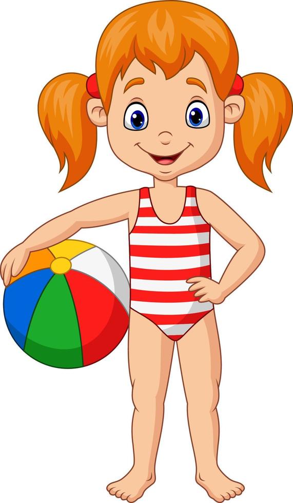 Cartoon happy girl holding a beach ball vector