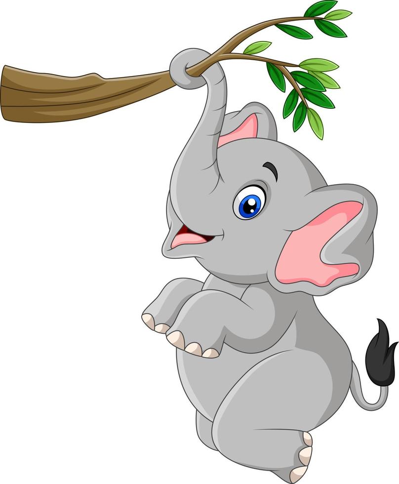 Cartoon funny elephant playing on a tree branch vector