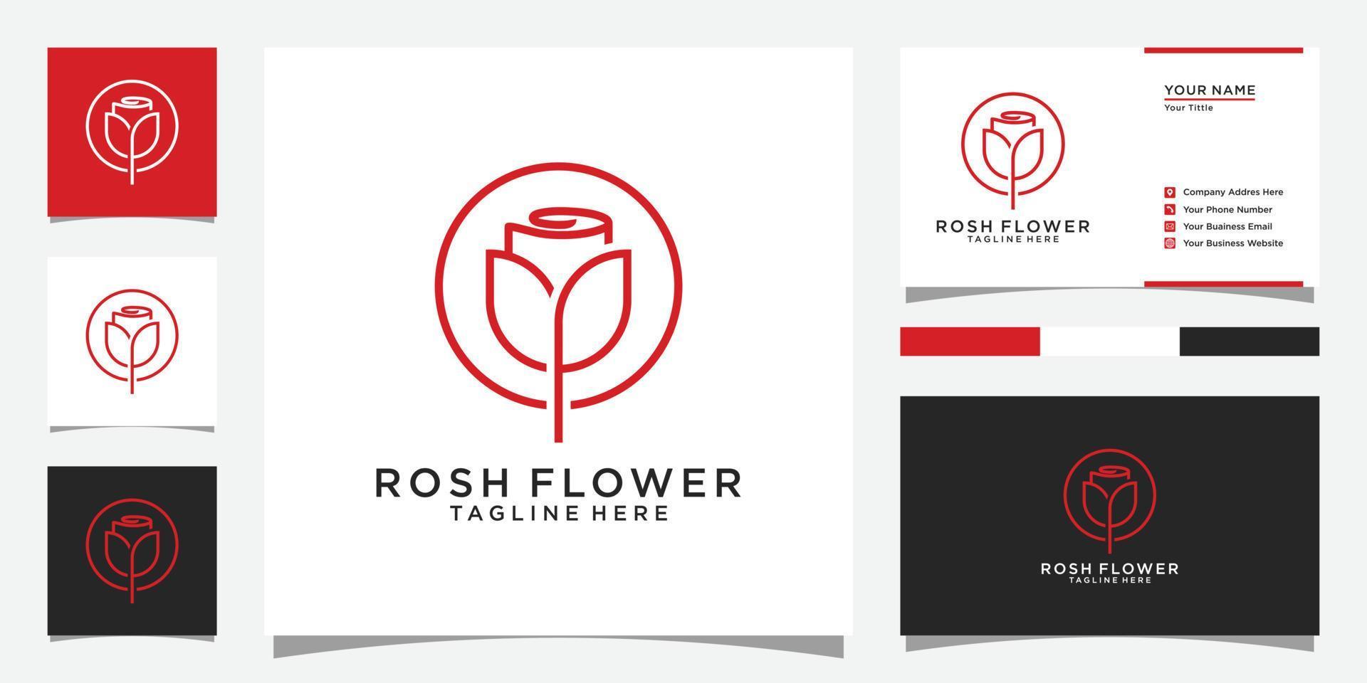 logotipo de lujo de línea mono de flor de rosas con diseño de tarjeta de visita vector