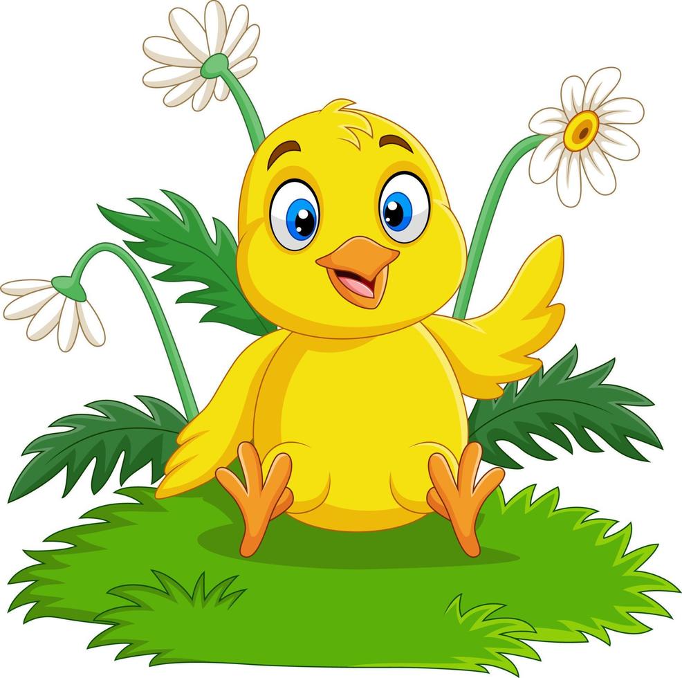 Cartoon baby chick sitting on the grass vector