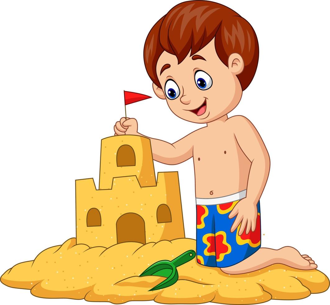 Cartoon happy boy making sand castle vector