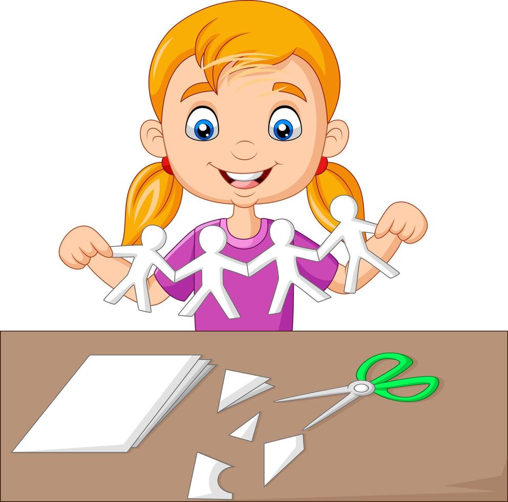 Cartoon little girl making paper cut vector