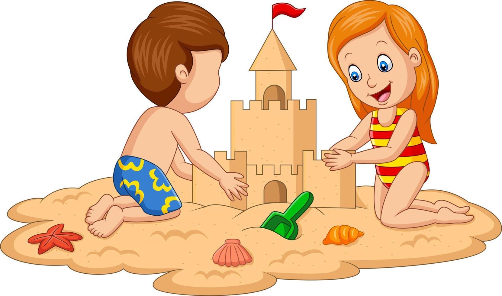 Children making sand castle at tropical beach vector