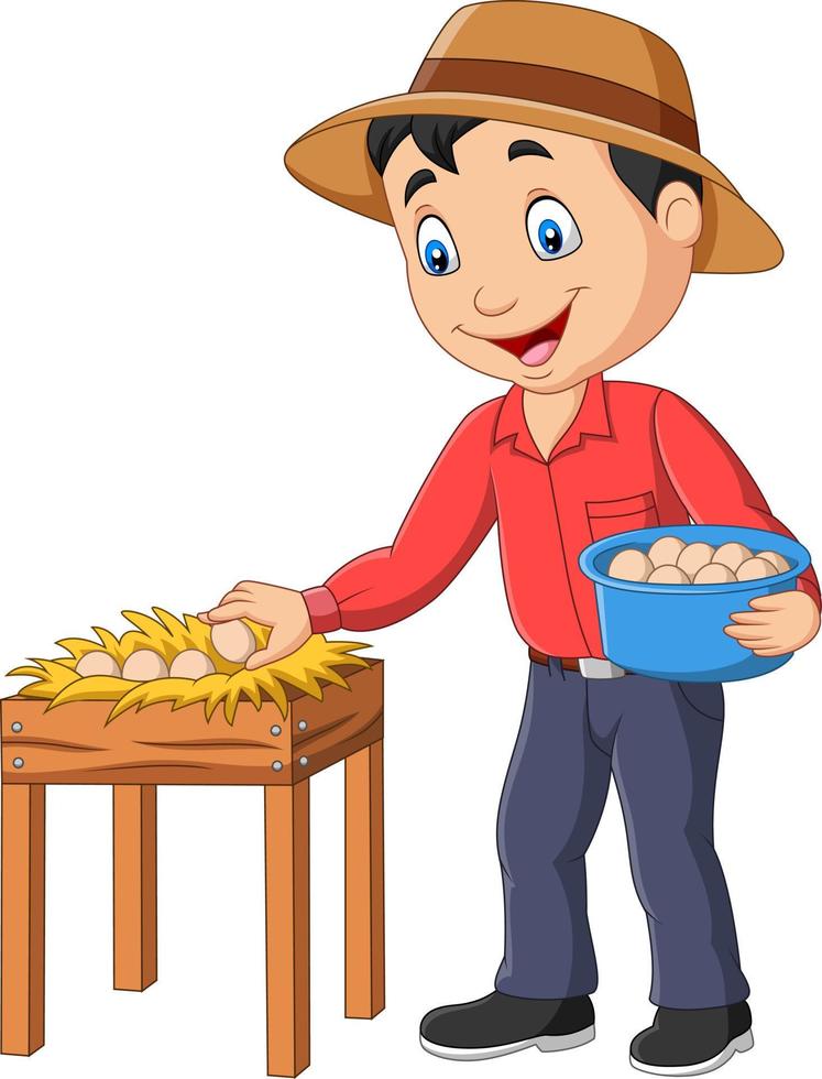 Cartoon farmer holding a basket of eggs on a white background vector