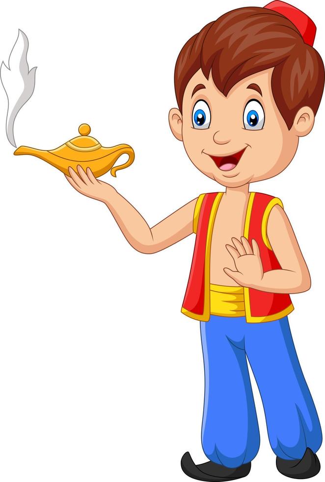 Cartoon little aladdin holding his magic lamp vector
