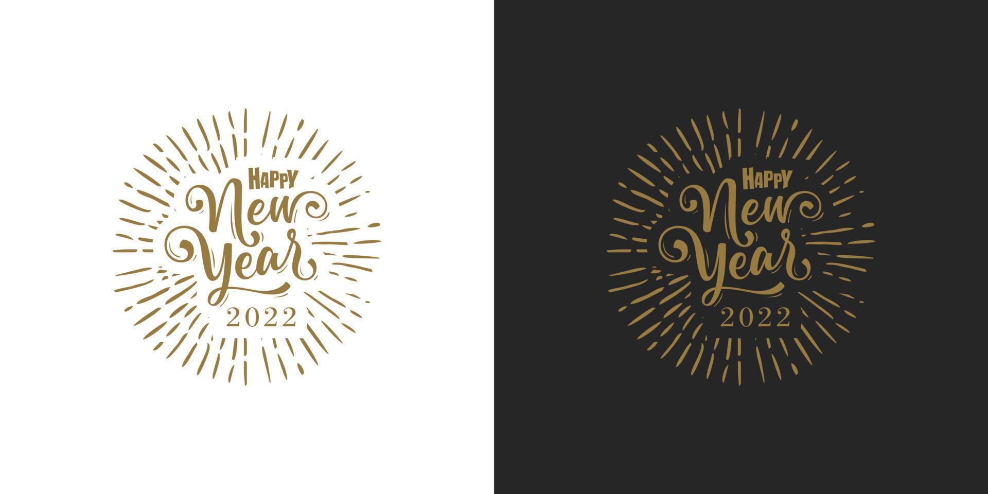 Happy 2022 New Year. Holiday Vector Illustration With Lettering Composition And Burst. Golden Textured Happy New Year Label.