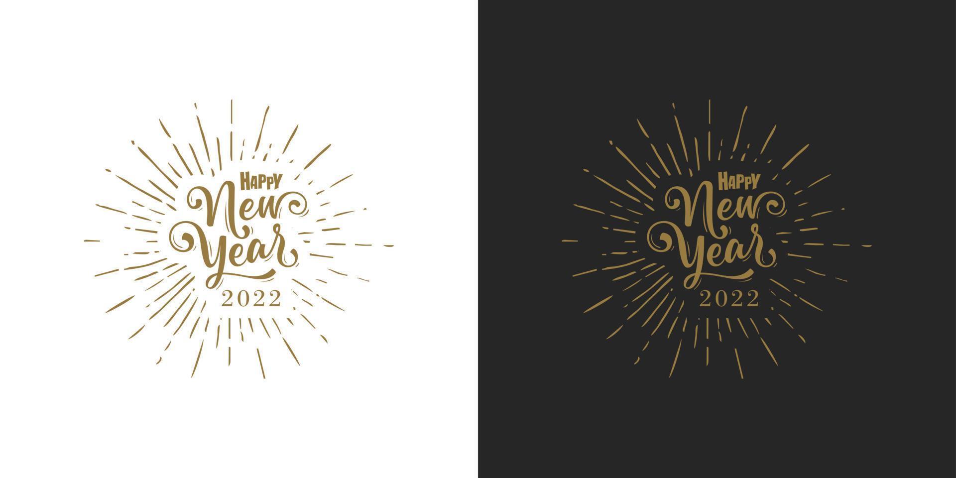 Happy 2022 New Year. Holiday Vector Illustration With Lettering Composition And Burst. Golden Textured Happy New Year Label.