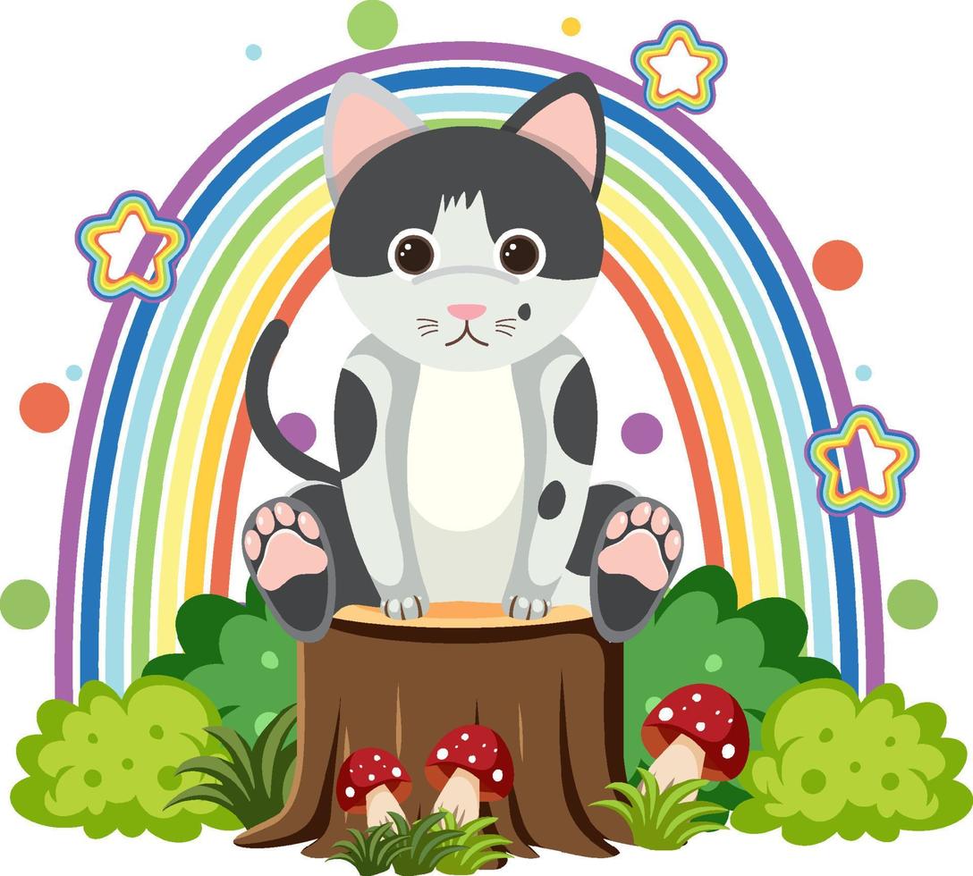 Cute cat on stump in flat cartoon style vector