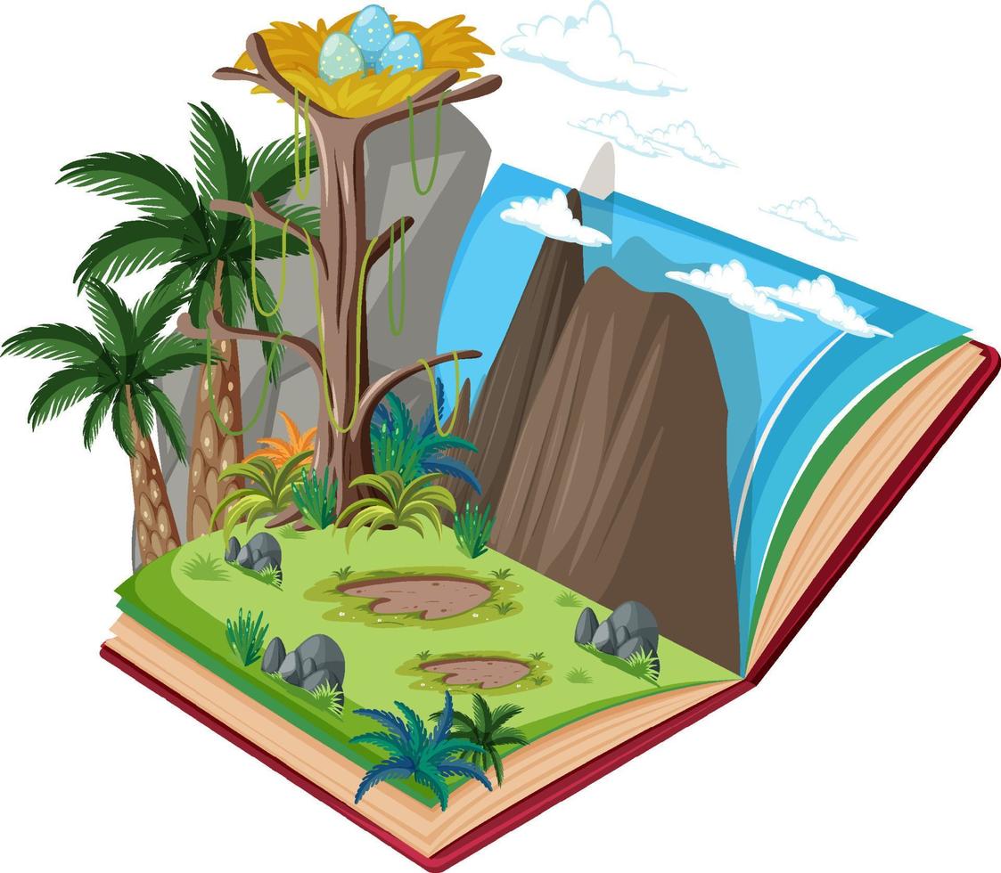 libro abierto con bosque prehistórico vector