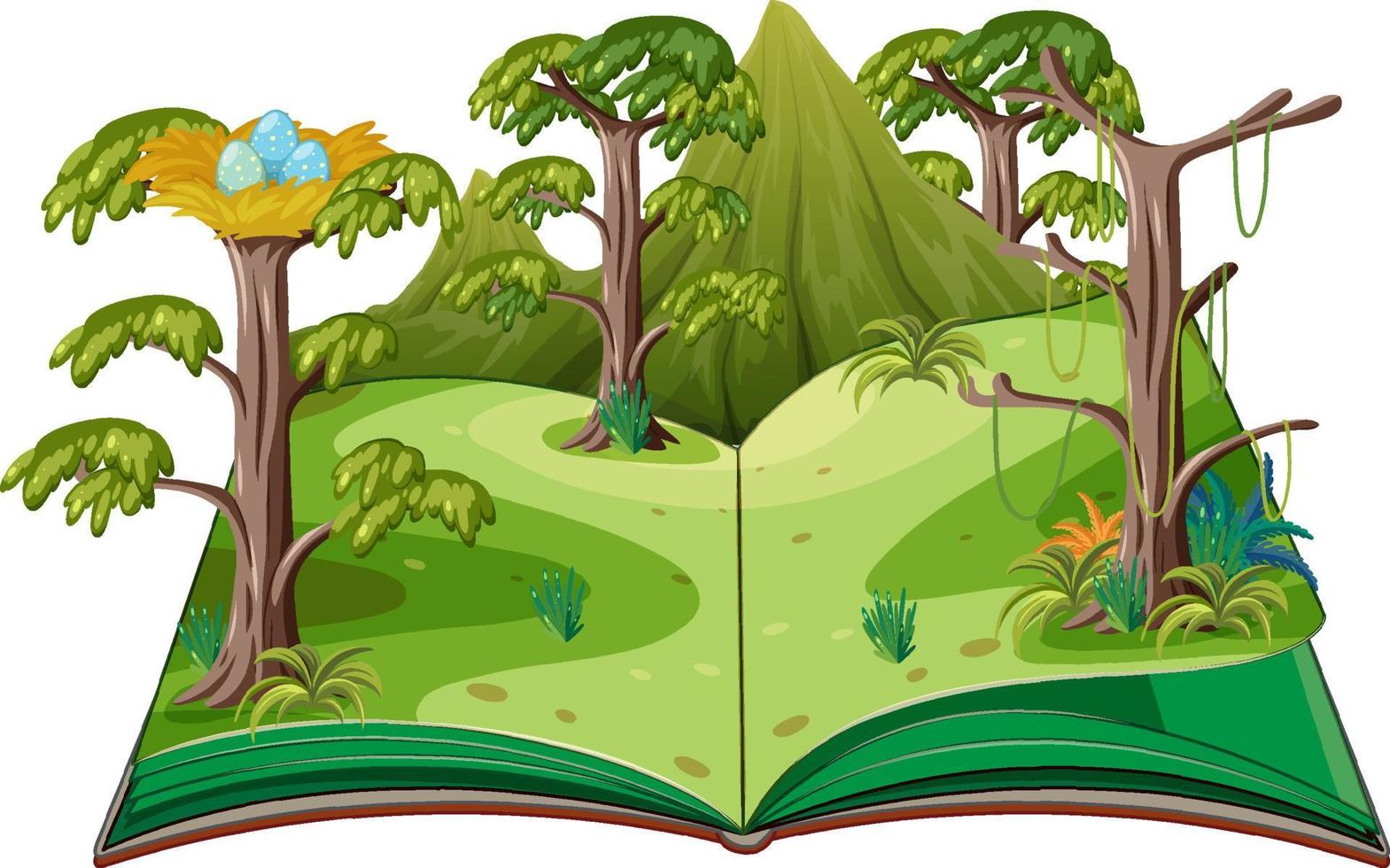 libro abierto con bosque prehistórico vector