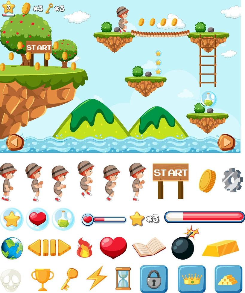 Platform game interface design with icons isolated vector