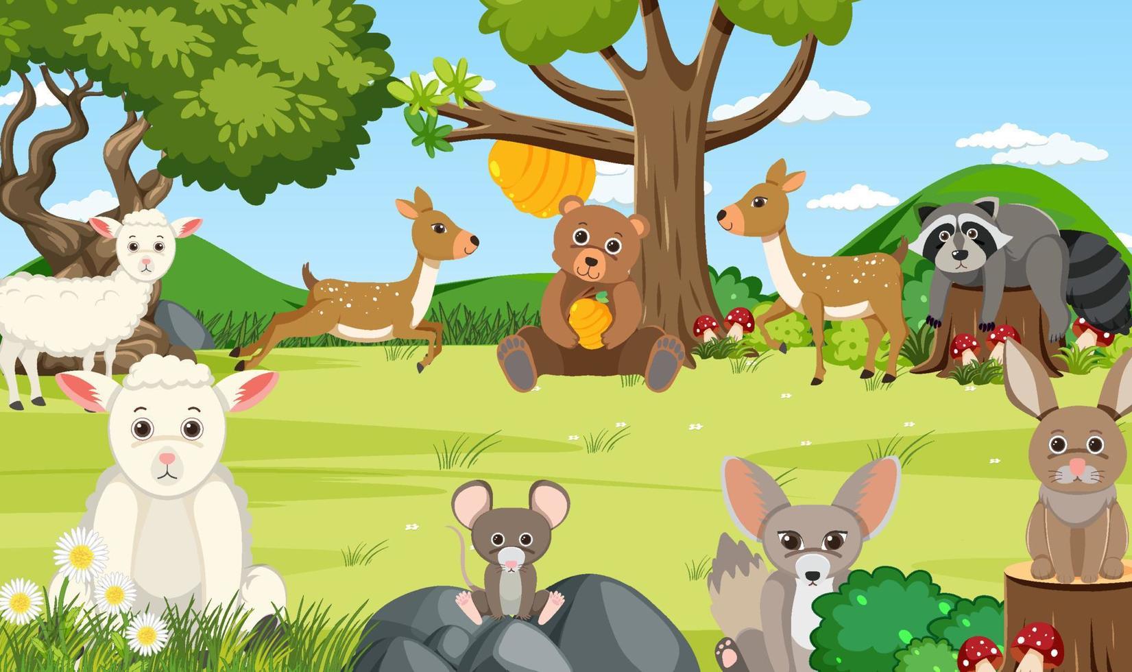 Cute wild animals in the forest scene vector