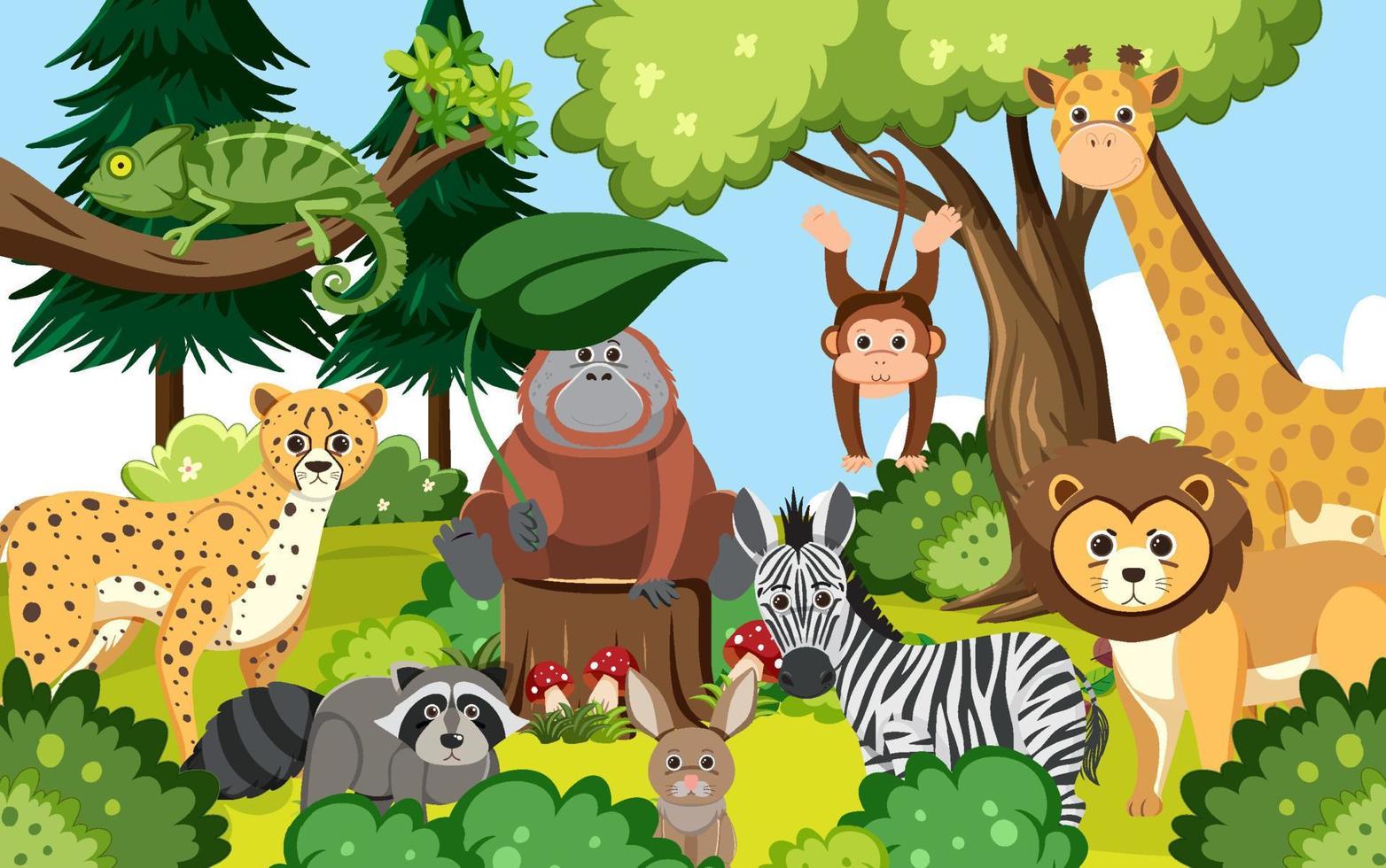Cute wild animals in the forest vector
