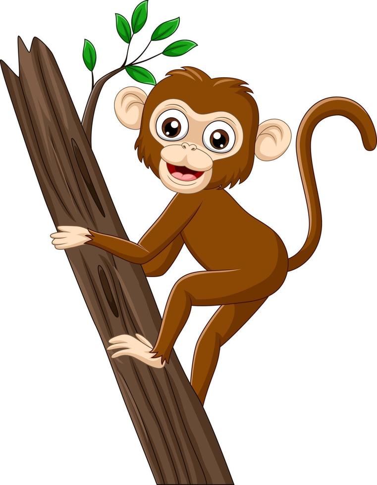 Cartoon baby monkey climbing tree branch vector