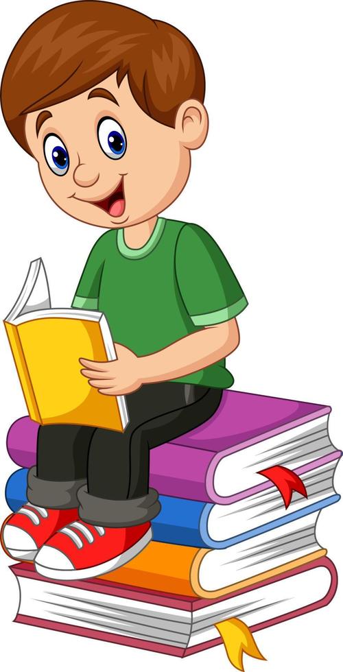Cartoon little boy sitting and holding a book on a pile of books vector